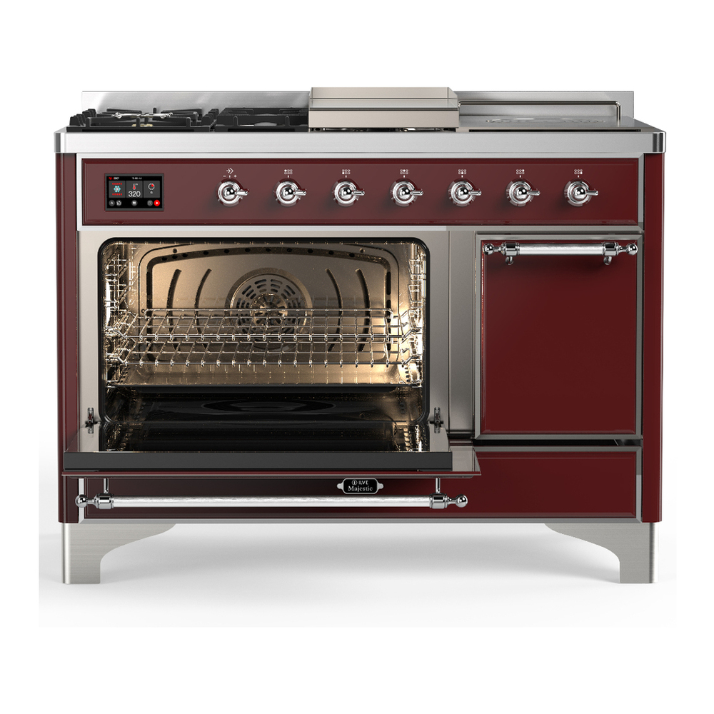 ILVE UM48FSQNR3BUC Majestic III 48 inch Dual Fuel Range with 5 Black Brass Burners, Griddle and French Top, Dual Function Burner up to 25,000 BTU (Natural Gas, Solid Door, Burgundy, Chrome) 3 ILVE-UM48FSQNR3BUC-Primary Oven Open View