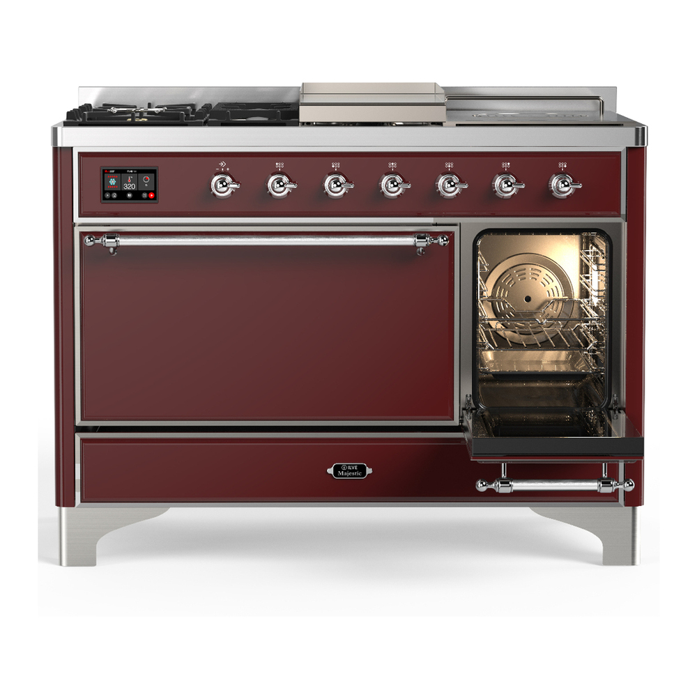 ILVE UM48FSQNR3BUC Majestic III 48 inch Dual Fuel Range with 5 Black Brass Burners, Griddle and French Top, Dual Function Burner up to 25,000 BTU (Natural Gas, Solid Door, Burgundy, Chrome) 4 ILVE-UM48FSQNR3BUC-Secondary Oven Open View