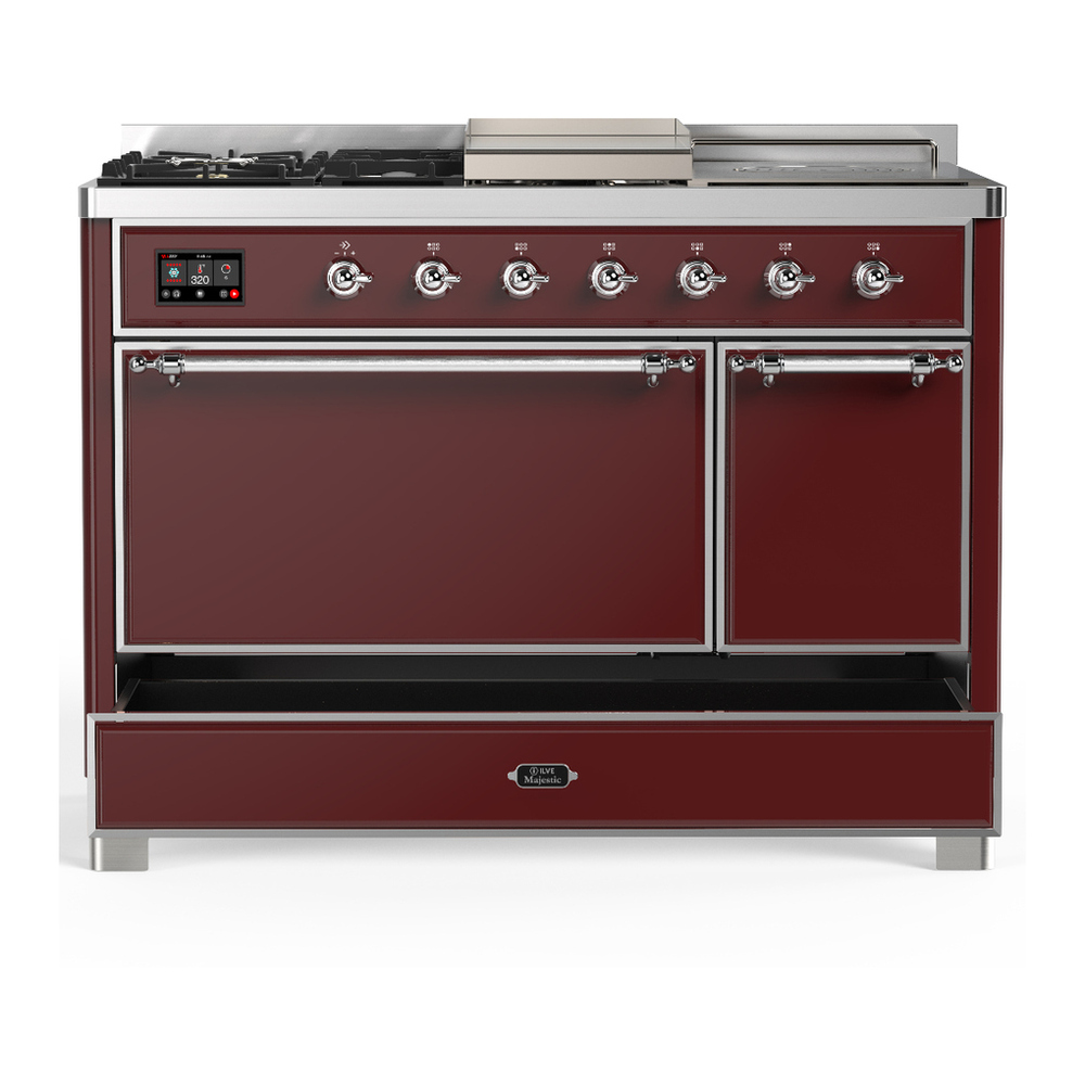 ILVE UM48FSQNR3BUC Majestic III 48 inch Dual Fuel Range with 5 Black Brass Burners, Griddle and French Top, Dual Function Burner up to 25,000 BTU (Natural Gas, Solid Door, Burgundy, Chrome) 5 ILVE-UM48FSQNR3BUC-Drawer Open View