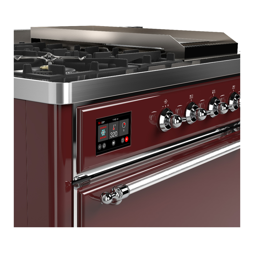 ILVE UM48FSQNR3BUC Majestic III 48 inch Dual Fuel Range with 5 Black Brass Burners, Griddle and French Top, Dual Function Burner up to 25,000 BTU (Natural Gas, Solid Door, Burgundy, Chrome) 7 ILVE-UM48FSQNR3BUC-Control Knobs View