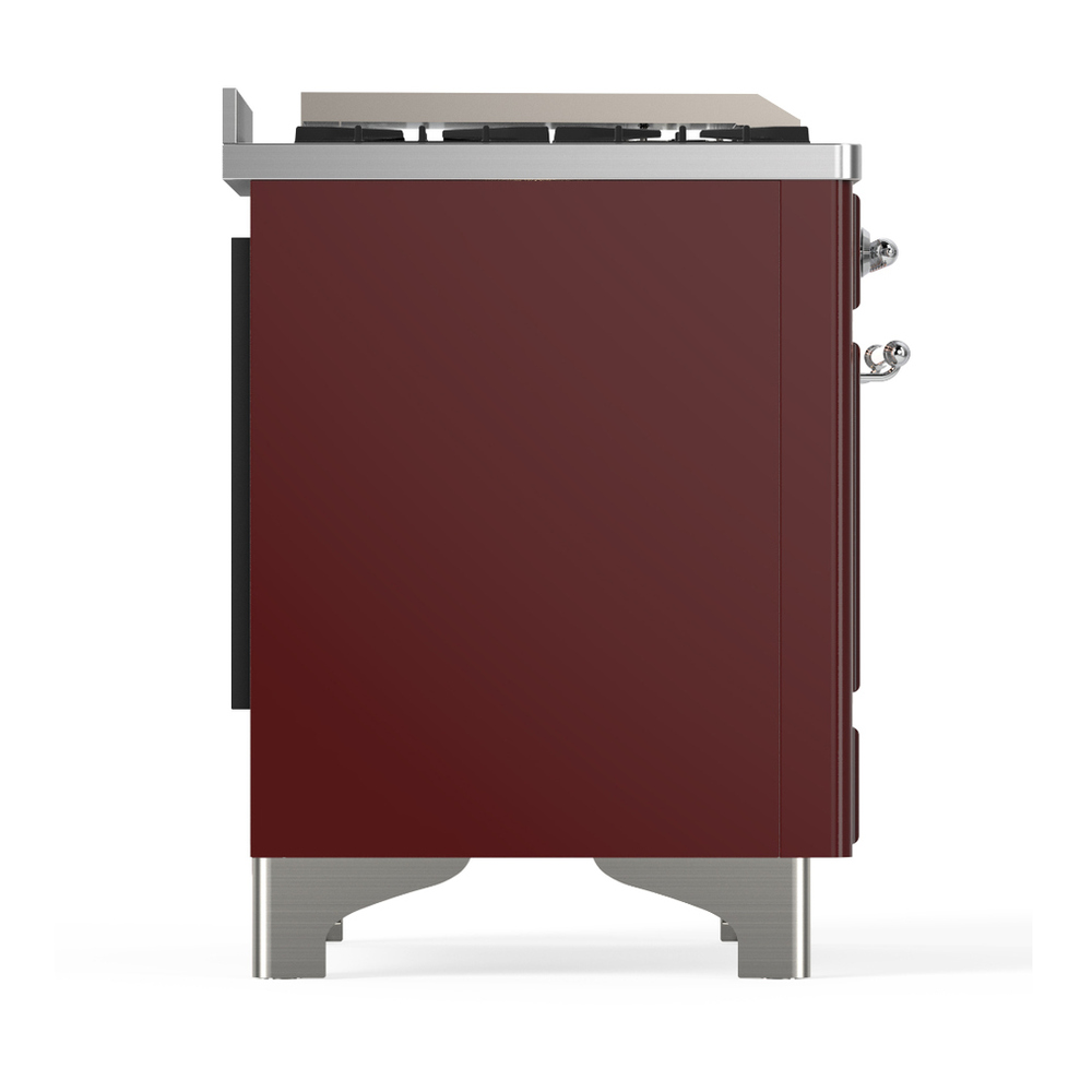 ILVE UM48FSQNR3BUC Majestic III 48 inch Dual Fuel Range with 5 Black Brass Burners, Griddle and French Top, Dual Function Burner up to 25,000 BTU (Natural Gas, Solid Door, Burgundy, Chrome) 8 ILVE-UM48FSQNR3BUC-Right Side View