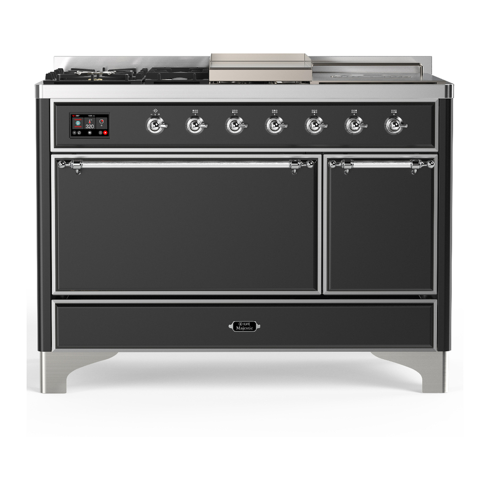 ILVE UM48FSQNR3MGC Majestic III 48 inch Dual Fuel Range with 5 Black Brass Burners, Griddle and French Top, Dual Function Burner up to 25,000 BTU (Natural Gas, Solid Door, Graphite Matte, Chrome) 1 UM48FSQNR3MGC