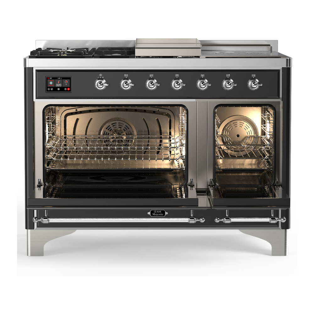 ILVE UM48FSQNR3MGC Majestic III 48 inch Dual Fuel Range with 5 Black Brass Burners, Griddle and French Top, Dual Function Burner up to 25,000 BTU (Natural Gas, Solid Door, Graphite Matte, Chrome) 2 ILVE-UM48FSQNR3MGC-Double Oven Open View