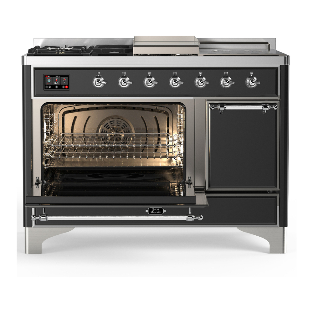 ILVE UM48FSQNR3MGC Majestic III 48 inch Dual Fuel Range with 5 Black Brass Burners, Griddle and French Top, Dual Function Burner up to 25,000 BTU (Natural Gas, Solid Door, Graphite Matte, Chrome) 3 ILVE-UM48FSQNR3MGC-Primary Oven Open View