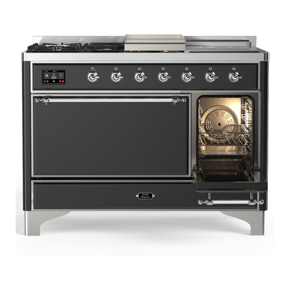 ILVE UM48FSQNR3MGC Majestic III 48 inch Dual Fuel Range with 5 Black Brass Burners, Griddle and French Top, Dual Function Burner up to 25,000 BTU (Natural Gas, Solid Door, Graphite Matte, Chrome) 4 ILVE-UM48FSQNR3MGC-Secondary Oven Open View
