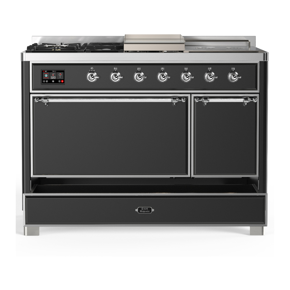 ILVE UM48FSQNR3MGC Majestic III 48 inch Dual Fuel Range with 5 Black Brass Burners, Griddle and French Top, Dual Function Burner up to 25,000 BTU (Natural Gas, Solid Door, Graphite Matte, Chrome) 5 ILVE-UM48FSQNR3MGC-Drawer Open View