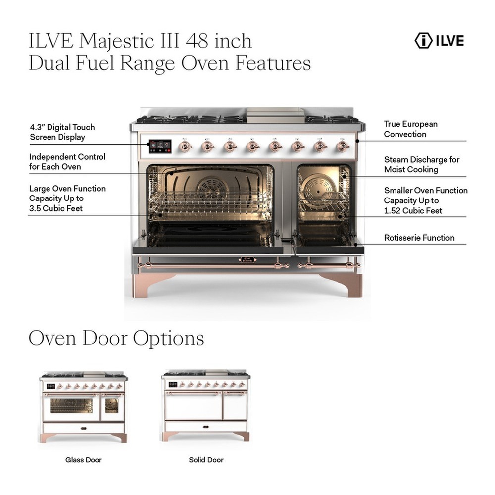 ILVE UM48FSQNR3MMGLP Majestic III 48 inch Dual Fuel Range with 5 Black Brass Burners, Griddle and French Top, Dual Function Burner up to 25,000 BTU (Liquid Propane, Solid Door, Mediterranean Mint, Brass) 3 ILVE UM48FS Majestic III 48 inch Dual Fuel Range with 5 Black Brass Burners, Griddle and French Top, Dual Function Burner up to 25,000 BTU