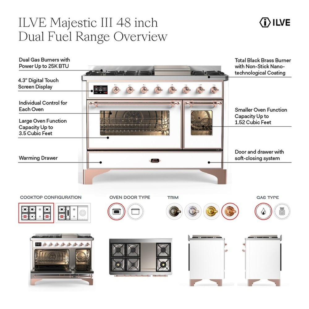 ILVE UM48FSQNR3MMG Majestic III 48 inch Dual Fuel Range with 5 Black Brass Burners, Griddle and French Top, Dual Function Burner up to 25,000 BTU (Natural Gas, Solid Door, Mediterranean Mint, Brass) 2 ILVE UM48FS Majestic III 48 inch Dual Fuel Range with 5 Black Brass Burners, Griddle and French Top, Dual Function Burner up to 25,000 BTU