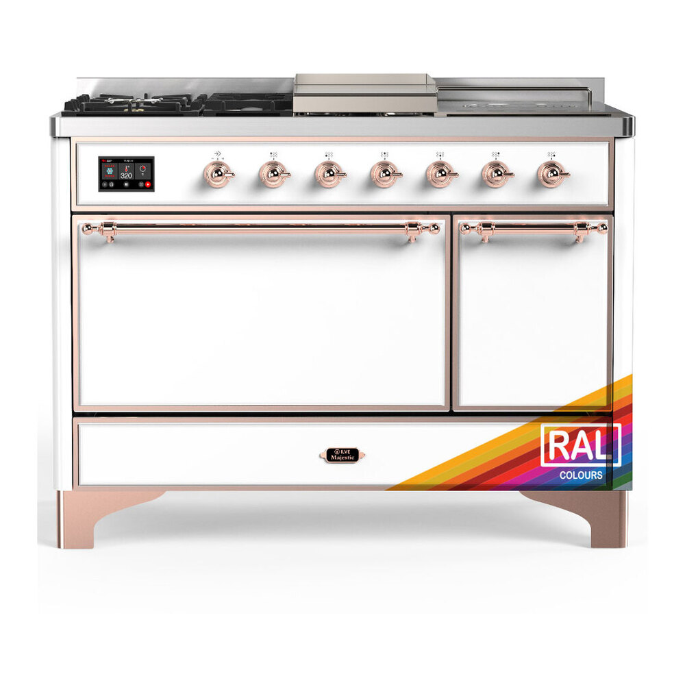 ILVE UM48FSQNR3RAPLP Majestic III 48 inch Dual Fuel Range with 5 Black Brass Burners, Griddle and French Top, Dual Function Burner up to 25,000 BTU (Liquid Propane, Solid Door, RAL, Copper) 1 UM48FSQNR3RAPLP