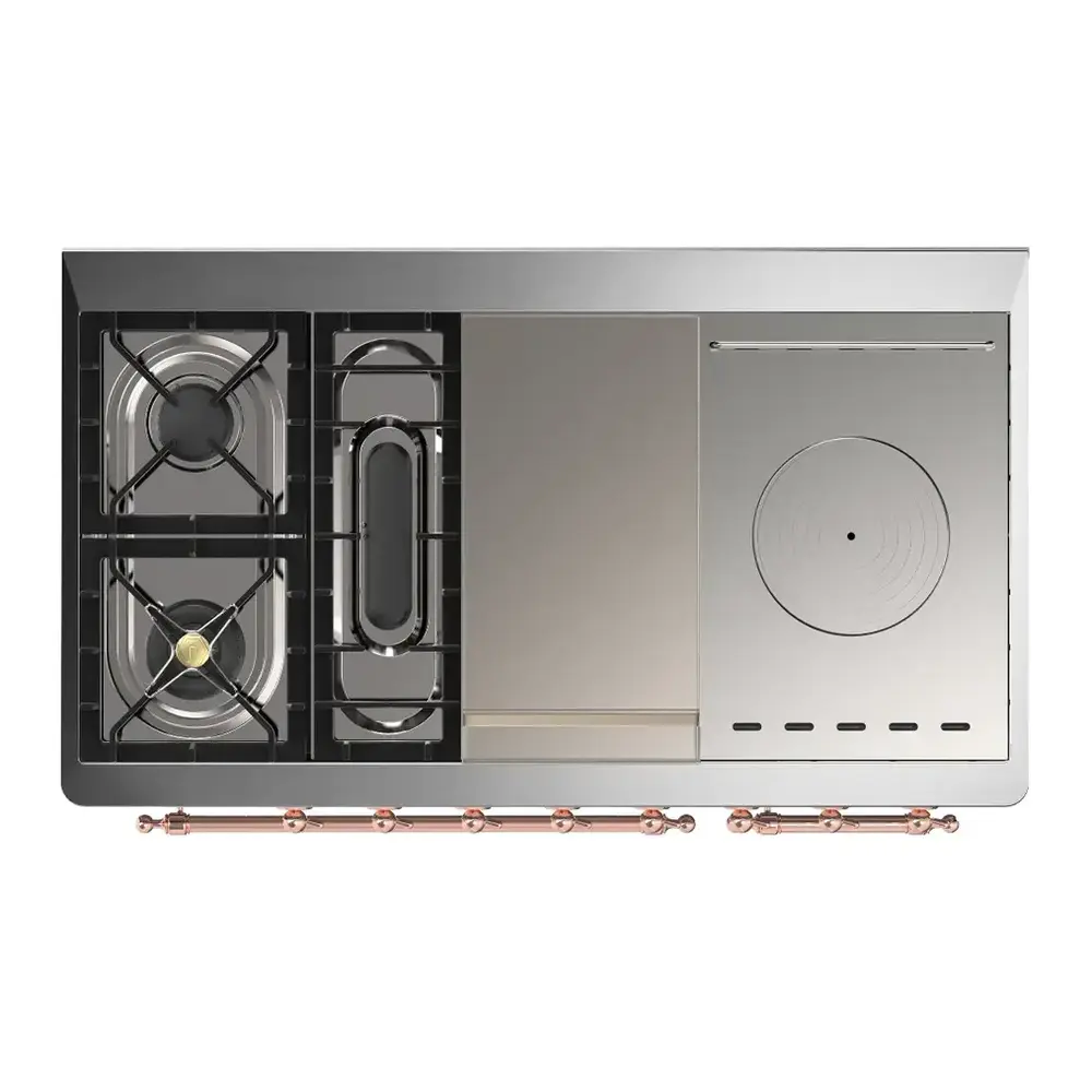 ILVE UM48FSQNR3RAP Majestic III 48 inch Dual Fuel Range with 5 Black Brass Burners, Griddle and French Top, Dual Function Burner up to 25,000 BTU (Natural Gas, Solid Door, RAL, Copper) 6 ILVE UM48FSQNR3RAP cooktop