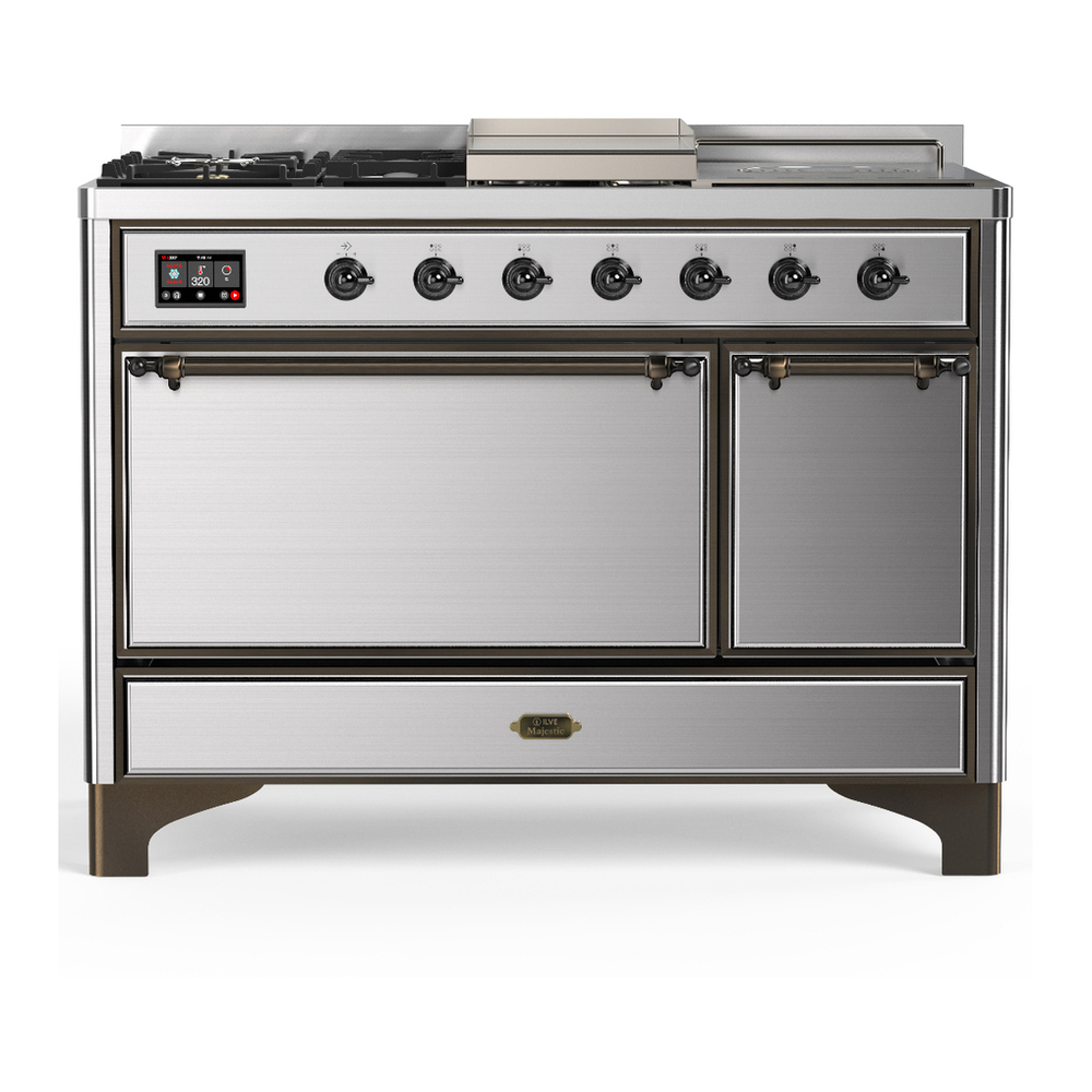 ILVE UM48FSQNR3SSBLP Majestic III 48 inch Dual Fuel Range with 5 Black Brass Burners, Griddle and French Top, Dual Function Burner up to 25,000 BTU (Liquid Propane, Solid Door, Stainless Steel, Burnished) 1 UM48FSQNR3SSBLP