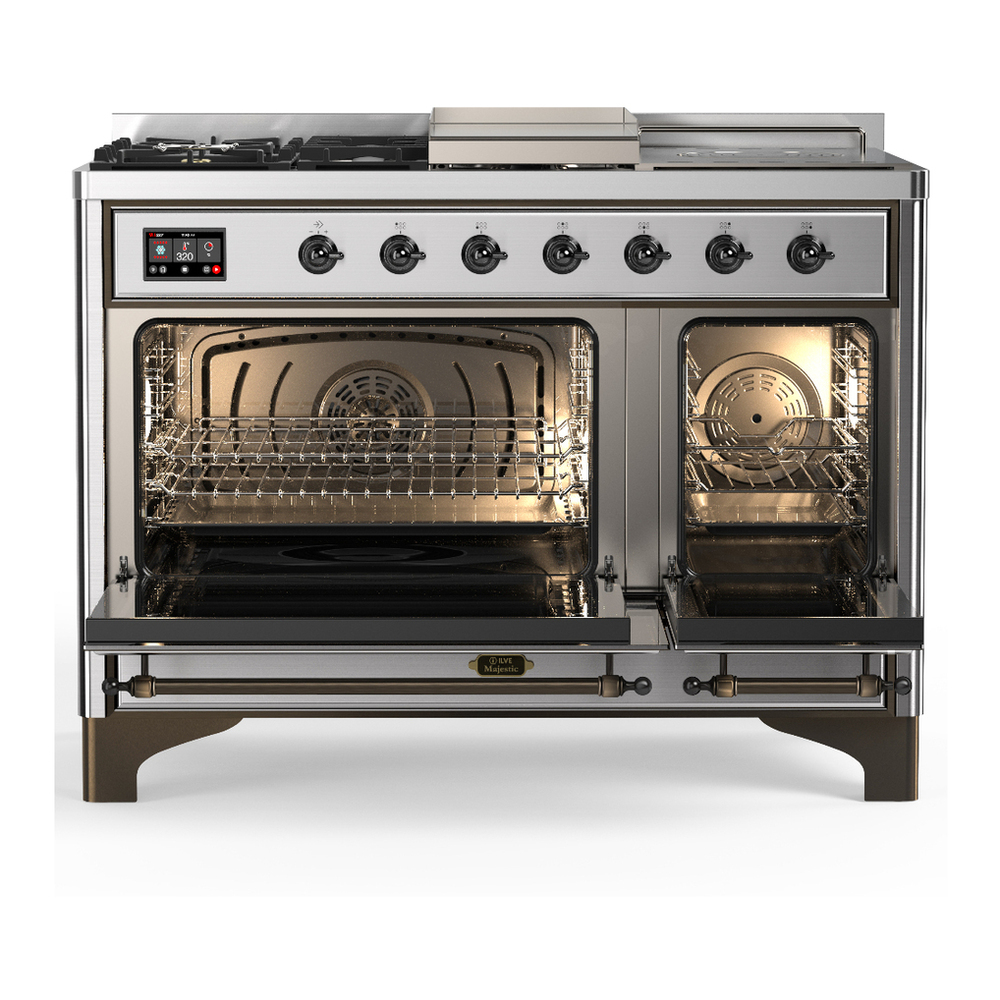 ILVE UM48FSQNR3SSBLP Majestic III 48 inch Dual Fuel Range with 5 Black Brass Burners, Griddle and French Top, Dual Function Burner up to 25,000 BTU (Liquid Propane, Solid Door, Stainless Steel, Burnished) 2 ILVE-UM48FSQNR3SSBLP-Double Oven Open View