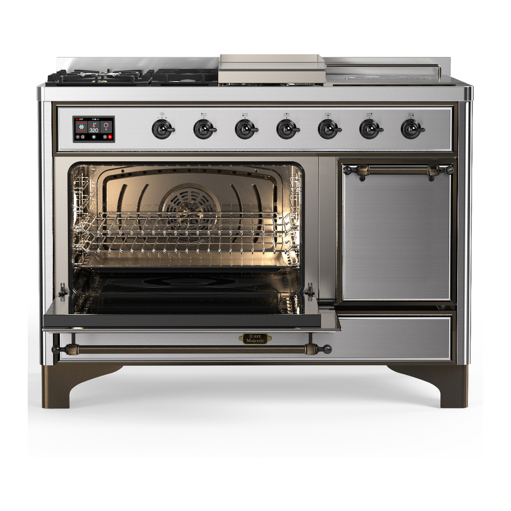 ILVE UM48FSQNR3SSBLP Majestic III 48 inch Dual Fuel Range with 5 Black Brass Burners, Griddle and French Top, Dual Function Burner up to 25,000 BTU (Liquid Propane, Solid Door, Stainless Steel, Burnished) 3 ILVE-UM48FSQNR3SSBLP-Primary Oven Open View