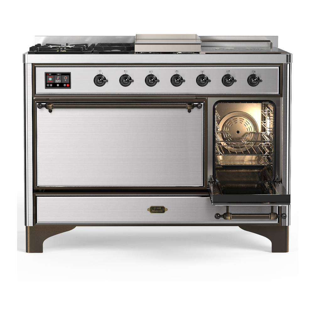 ILVE UM48FSQNR3SSBLP Majestic III 48 inch Dual Fuel Range with 5 Black Brass Burners, Griddle and French Top, Dual Function Burner up to 25,000 BTU (Liquid Propane, Solid Door, Stainless Steel, Burnished) 4 ILVE-UM48FSQNR3SSBLP-Secondary Oven Open View