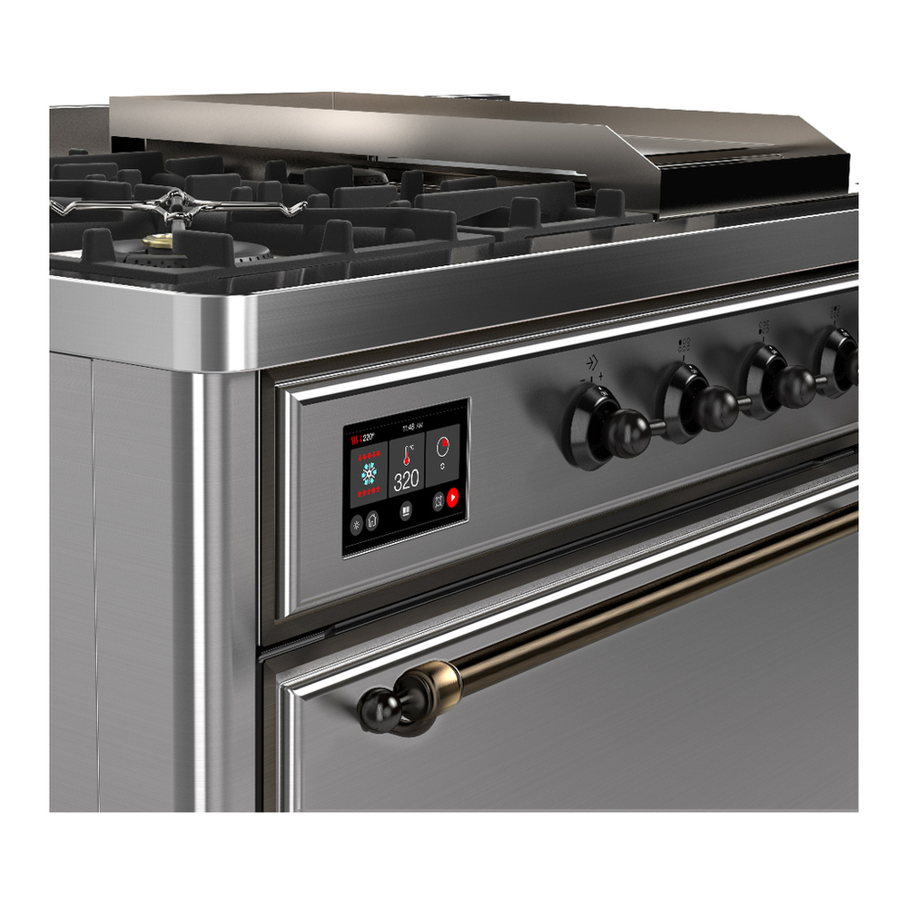ILVE UM48FSQNR3SSBLP Majestic III 48 inch Dual Fuel Range with 5 Black Brass Burners, Griddle and French Top, Dual Function Burner up to 25,000 BTU (Liquid Propane, Solid Door, Stainless Steel, Burnished) 7 ILVE-UM48FSQNR3SSBLP-Control Knobs View