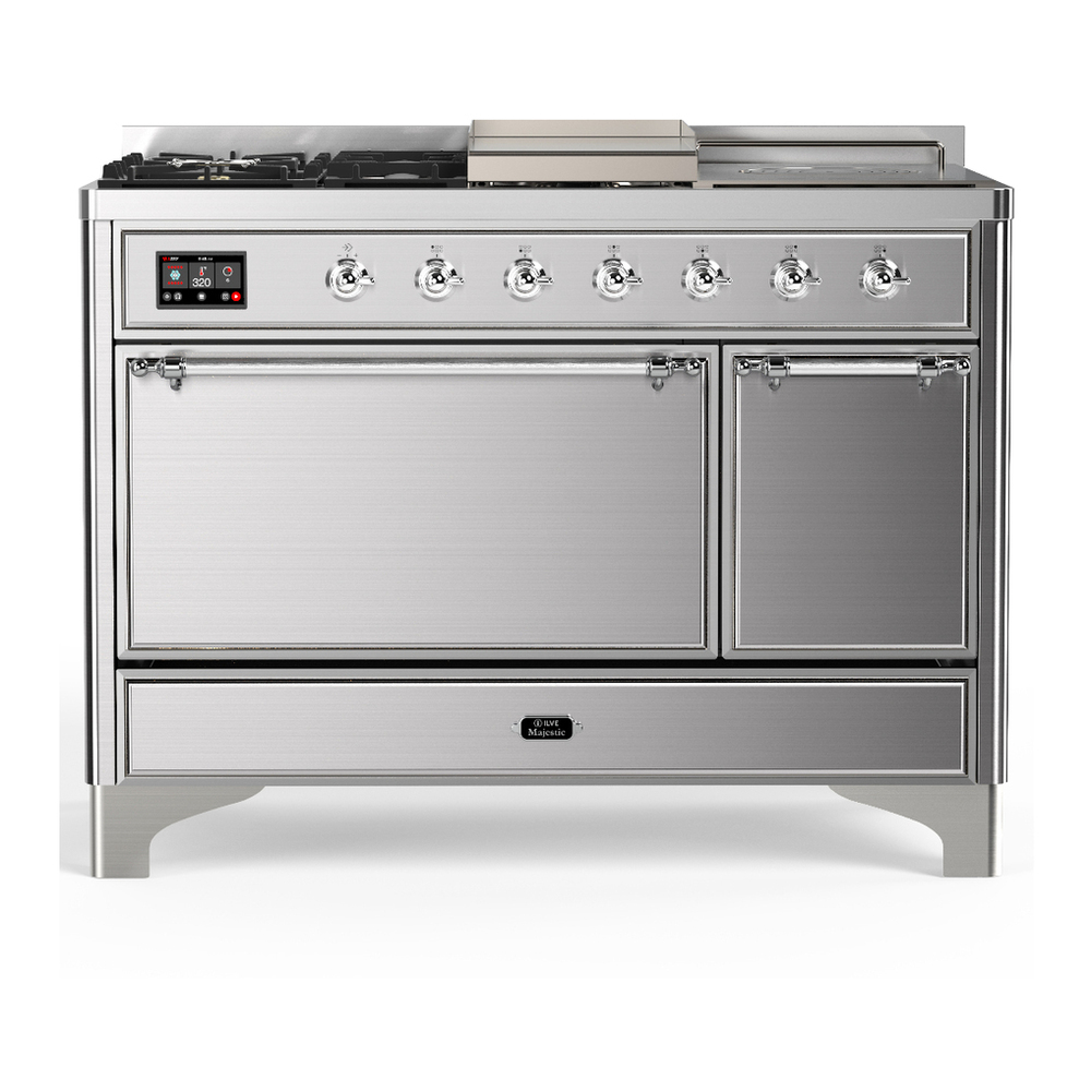 ILVE UM48FSQNR3SSC Majestic III 48 inch Dual Fuel Range with 5 Black Brass Burners, Griddle and French Top, Dual Function Burner up to 25,000 BTU (Natural Gas, Solid Door, Stainless Steel, Chrome) 1 UM48FSQNR3SSC