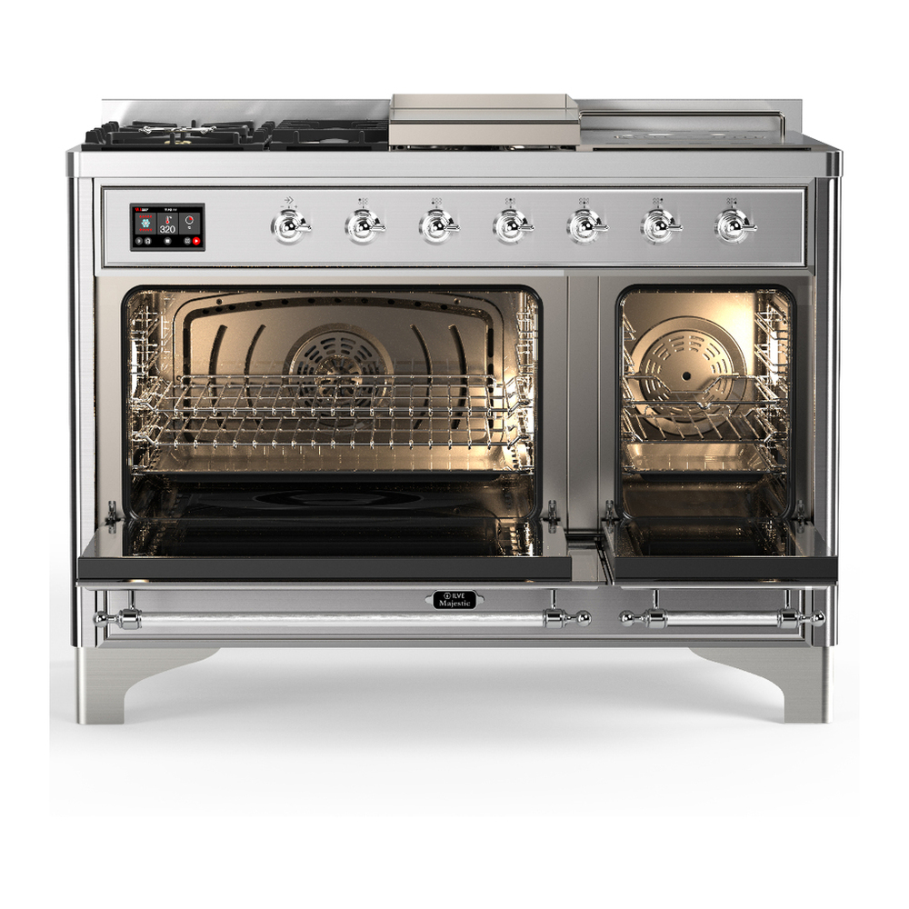 ILVE UM48FSQNR3SSC Majestic III 48 inch Dual Fuel Range with 5 Black Brass Burners, Griddle and French Top, Dual Function Burner up to 25,000 BTU (Natural Gas, Solid Door, Stainless Steel, Chrome) 2 ILVE-UM48FSQNR3SSC-Double Oven Open View