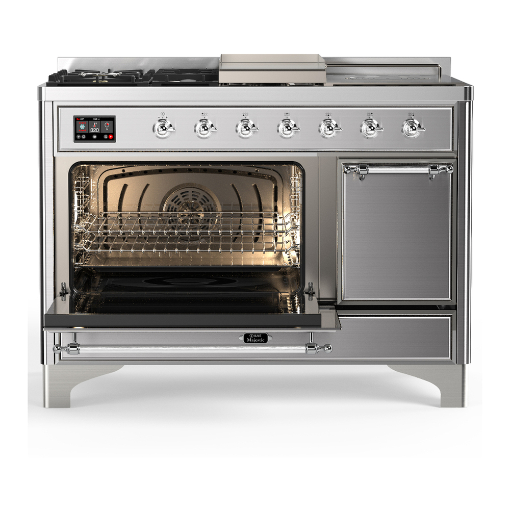 ILVE UM48FSQNR3SSC Majestic III 48 inch Dual Fuel Range with 5 Black Brass Burners, Griddle and French Top, Dual Function Burner up to 25,000 BTU (Natural Gas, Solid Door, Stainless Steel, Chrome) 3 ILVE-UM48FSQNR3SSC-Primary Oven Open View