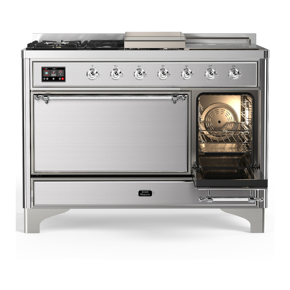 ILVE UM48FSQNR3SSC Majestic III 48 inch Dual Fuel Range with 5 Black Brass Burners, Griddle and French Top, Dual Function Burner up to 25,000 BTU (Natural Gas, Solid Door, Stainless Steel, Chrome) 4 ILVE-UM48FSQNR3SSC-Secondary Oven Open View