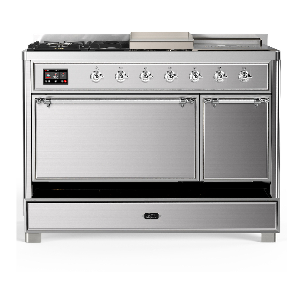 ILVE UM48FSQNR3SSC Majestic III 48 inch Dual Fuel Range with 5 Black Brass Burners, Griddle and French Top, Dual Function Burner up to 25,000 BTU (Natural Gas, Solid Door, Stainless Steel, Chrome) 5 ILVE-UM48FSQNR3SSC-Drawer Open View
