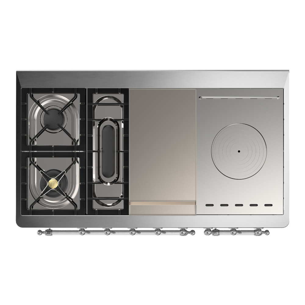 ILVE UM48FSQNR3SSC Majestic III 48 inch Dual Fuel Range with 5 Black Brass Burners, Griddle and French Top, Dual Function Burner up to 25,000 BTU (Natural Gas, Solid Door, Stainless Steel, Chrome) 6 ILVE-UM48FSQNR3SSC-Top View