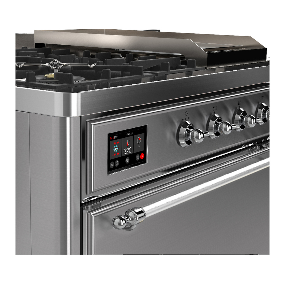 ILVE UM48FSQNR3SSC Majestic III 48 inch Dual Fuel Range with 5 Black Brass Burners, Griddle and French Top, Dual Function Burner up to 25,000 BTU (Natural Gas, Solid Door, Stainless Steel, Chrome) 7 ILVE-UM48FSQNR3SSC-Control Knobs View