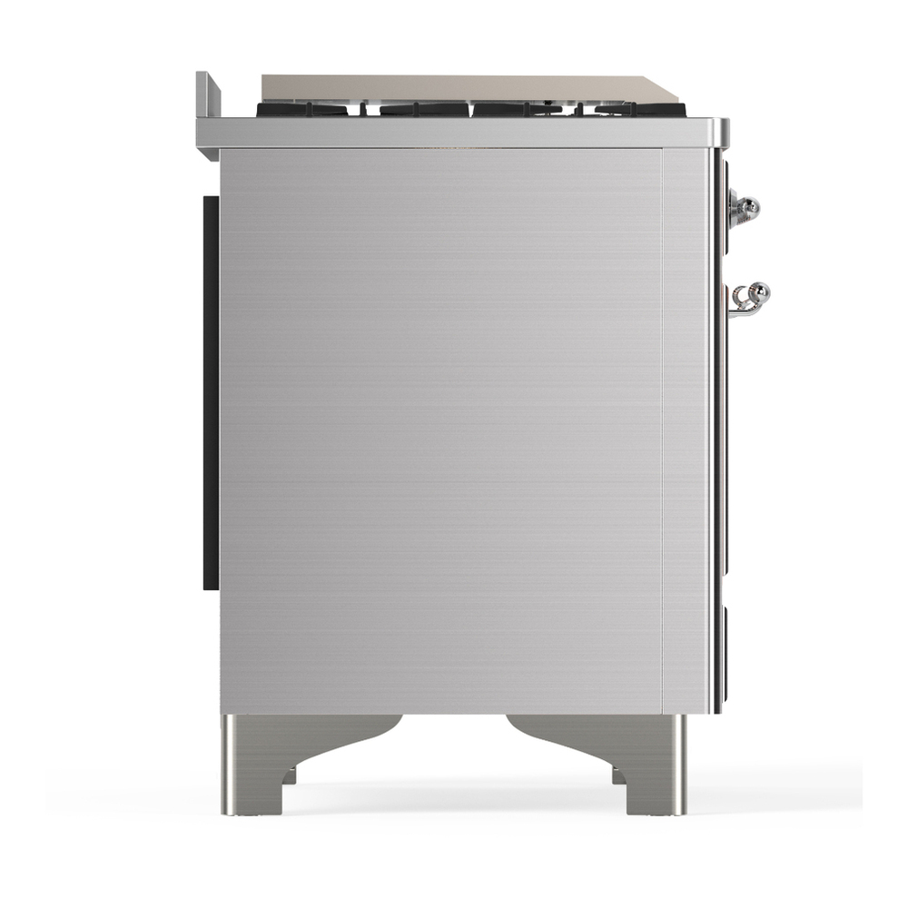 ILVE UM48FSQNR3SSC Majestic III 48 inch Dual Fuel Range with 5 Black Brass Burners, Griddle and French Top, Dual Function Burner up to 25,000 BTU (Natural Gas, Solid Door, Stainless Steel, Chrome) 8 ILVE-UM48FSQNR3SSC-Right Side View