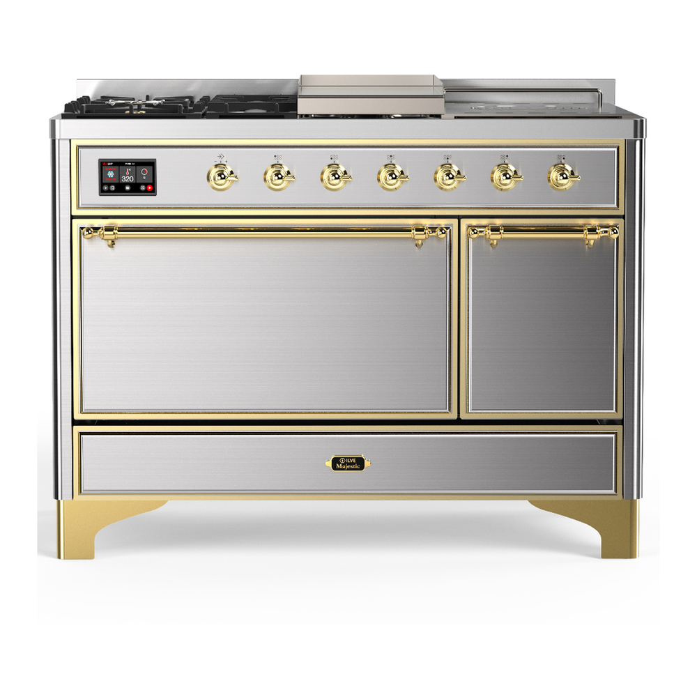ILVE UM48FSQNR3SSGLP Majestic III 48 inch Dual Fuel Range with 5 Black Brass Burners, Griddle and French Top, Dual Function Burner up to 25,000 BTU (Liquid Propane, Solid Door, Stainless Steel, Brass) 1 UM48FSQNR3SSGLP