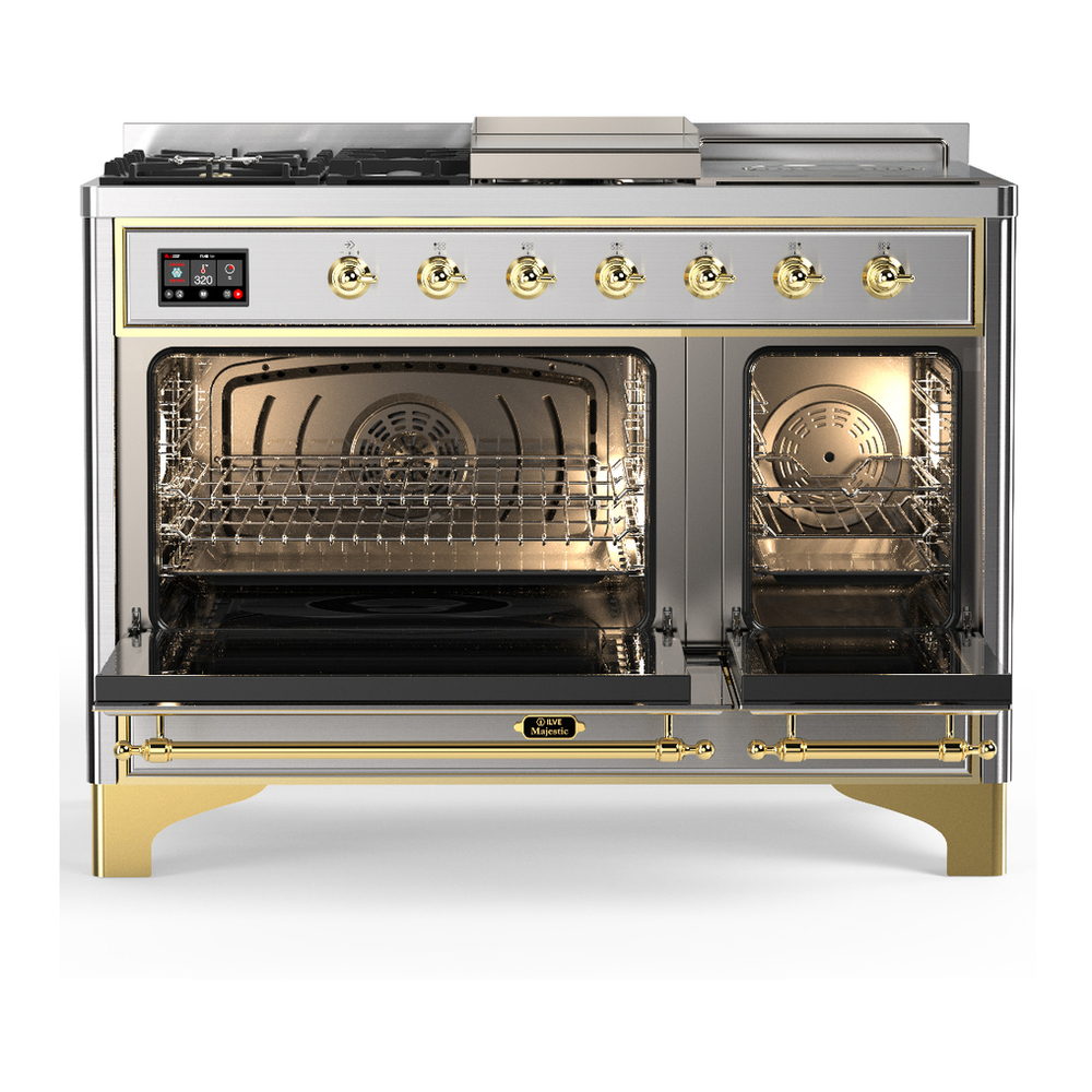 ILVE UM48FSQNR3SSGLP Majestic III 48 inch Dual Fuel Range with 5 Black Brass Burners, Griddle and French Top, Dual Function Burner up to 25,000 BTU (Liquid Propane, Solid Door, Stainless Steel, Brass) 2 ILVE-UM48FSQNR3SSGLP-Double Oven Open View