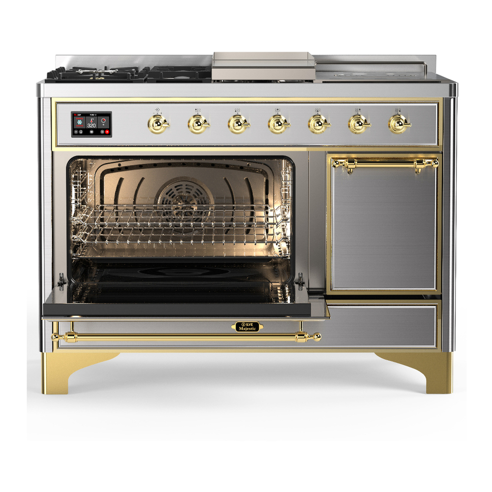 ILVE UM48FSQNR3SSGLP Majestic III 48 inch Dual Fuel Range with 5 Black Brass Burners, Griddle and French Top, Dual Function Burner up to 25,000 BTU (Liquid Propane, Solid Door, Stainless Steel, Brass) 3 ILVE-UM48FSQNR3SSGLP-Primary Oven Open View