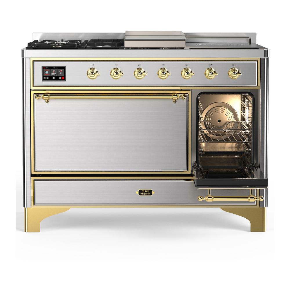 ILVE UM48FSQNR3SSGLP Majestic III 48 inch Dual Fuel Range with 5 Black Brass Burners, Griddle and French Top, Dual Function Burner up to 25,000 BTU (Liquid Propane, Solid Door, Stainless Steel, Brass) 4 ILVE-UM48FSQNR3SSGLP-Secondary Oven Open View