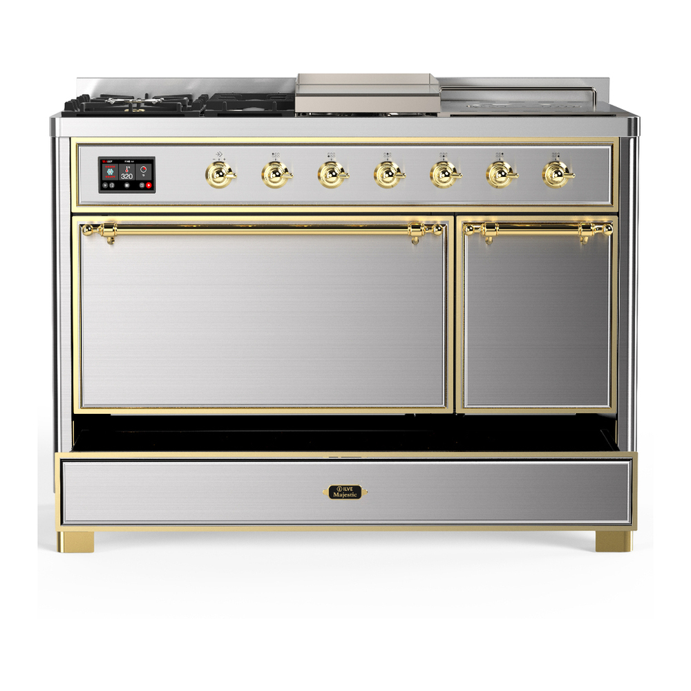 ILVE UM48FSQNR3SSGLP Majestic III 48 inch Dual Fuel Range with 5 Black Brass Burners, Griddle and French Top, Dual Function Burner up to 25,000 BTU (Liquid Propane, Solid Door, Stainless Steel, Brass) 5 ILVE-UM48FSQNR3SSGLP-Drawer Open View
