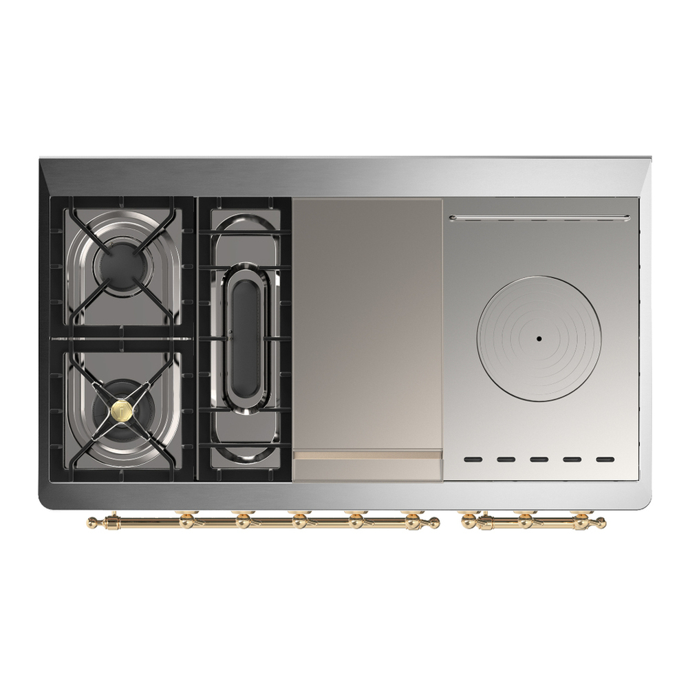 ILVE UM48FSQNR3SSGLP Majestic III 48 inch Dual Fuel Range with 5 Black Brass Burners, Griddle and French Top, Dual Function Burner up to 25,000 BTU (Liquid Propane, Solid Door, Stainless Steel, Brass) 6 ILVE-UM48FSQNR3SSGLP-Top View