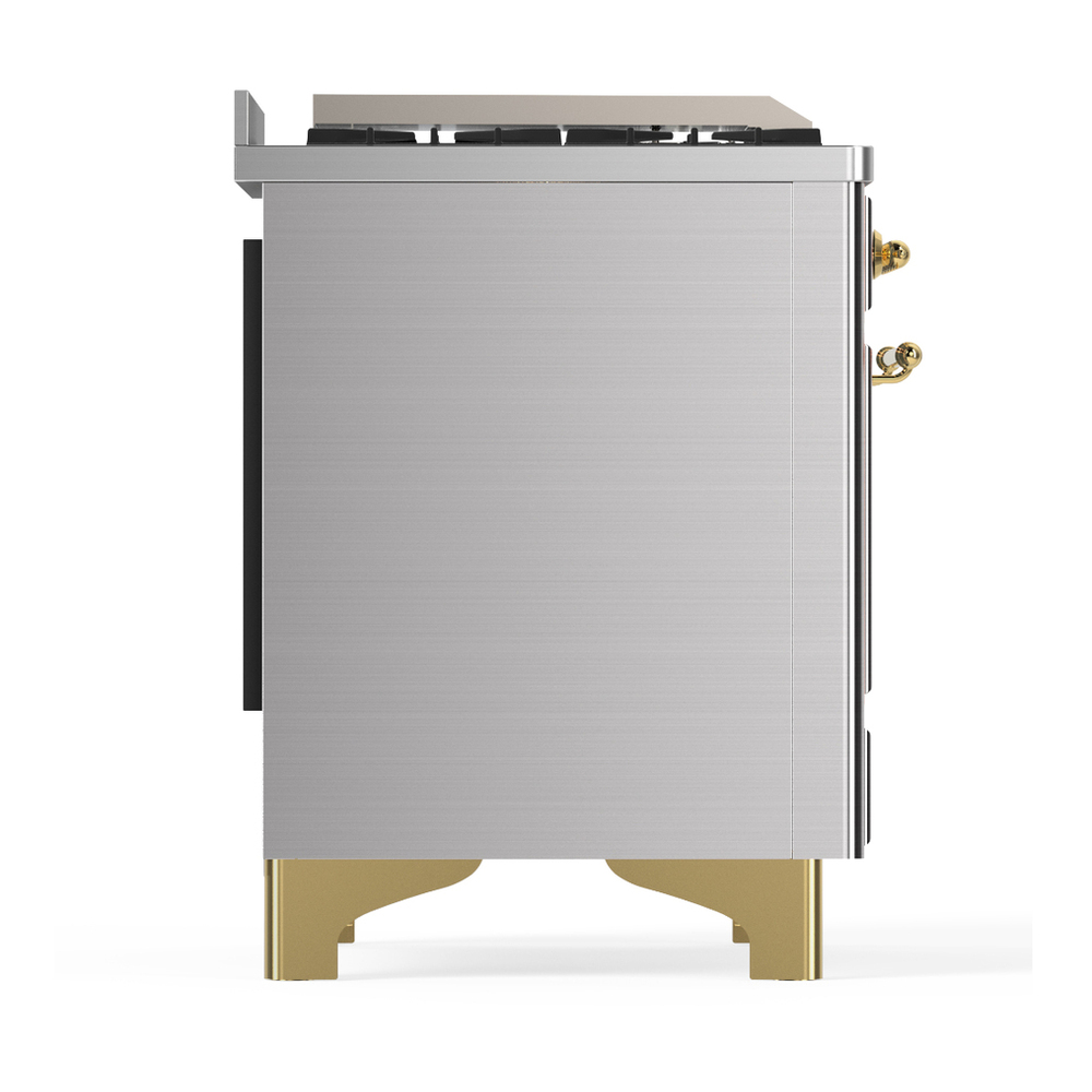 ILVE UM48FSQNR3SSGLP Majestic III 48 inch Dual Fuel Range with 5 Black Brass Burners, Griddle and French Top, Dual Function Burner up to 25,000 BTU (Liquid Propane, Solid Door, Stainless Steel, Brass) 8 ILVE-UM48FSQNR3SSGLP-Right Side View
