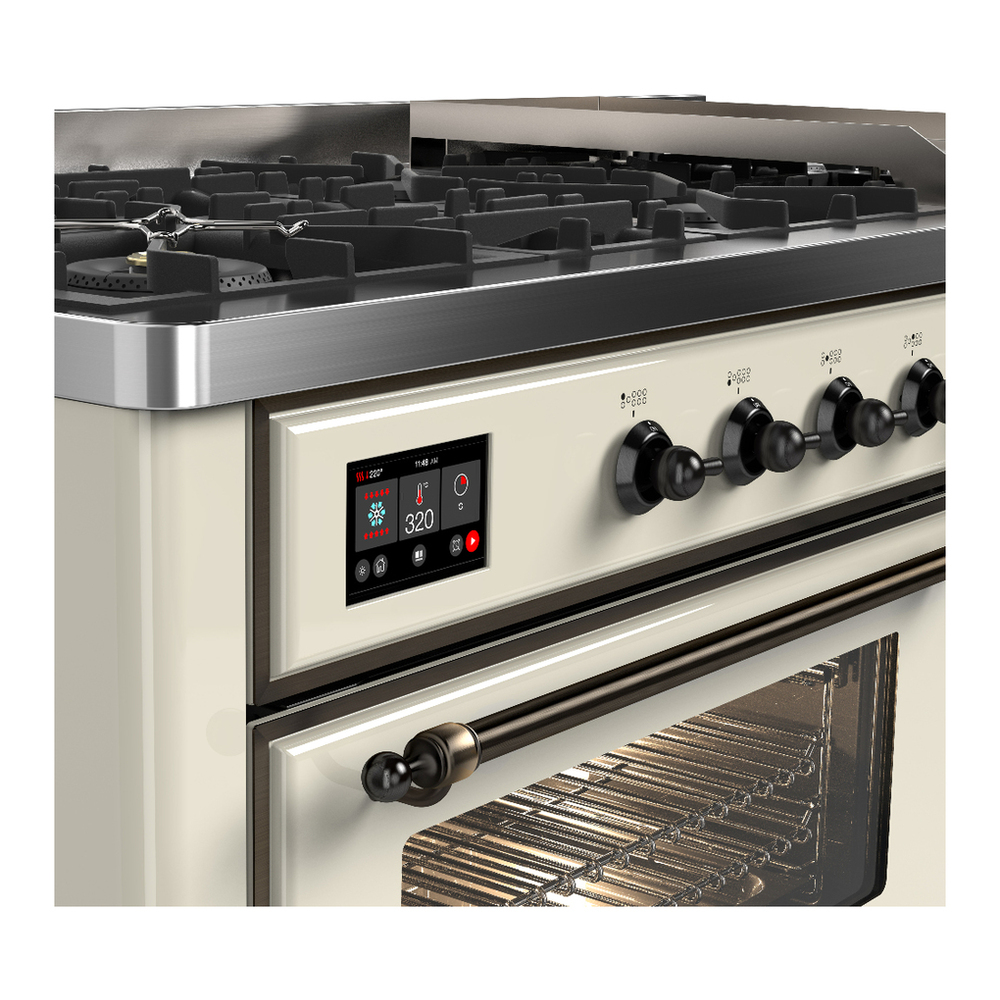 ILVE UM60FNR3AWBLP Majestic III 60 inch Dual Fuel Range with 9 Burners and Griddle, Dual Function Burner up to 25,000 BTU (Liquid Propane, Triple Glass Door, Antique White, Burnished) 7 ILVE-UM60FNR3AWBLP-Control Knobs View