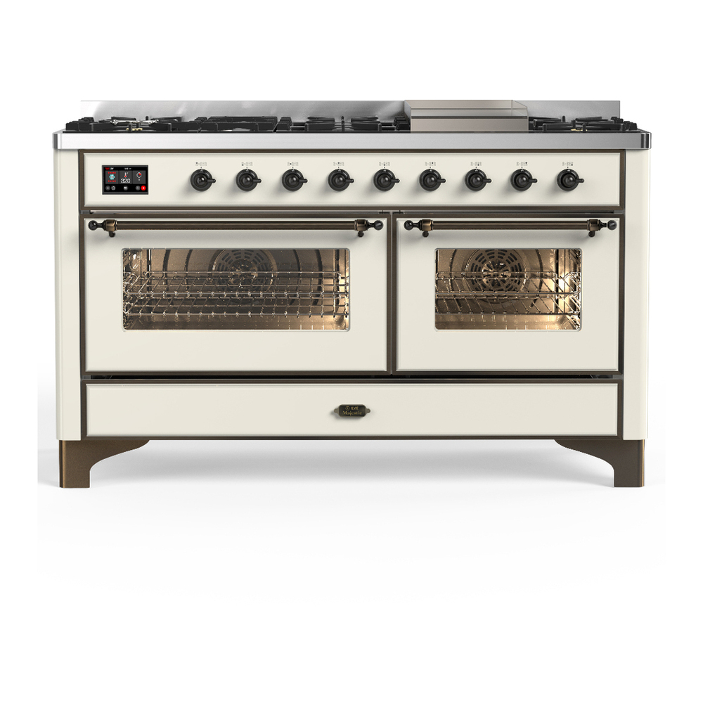 ILVE UM60FNR3AWB Majestic III 60 inch Dual Fuel Range with 9 Burners and Griddle, Dual Function Burner up to 25,000 BTU (Natural Gas, Triple Glass Door, Antique White, Burnished) 1 UM60FNR3AWB