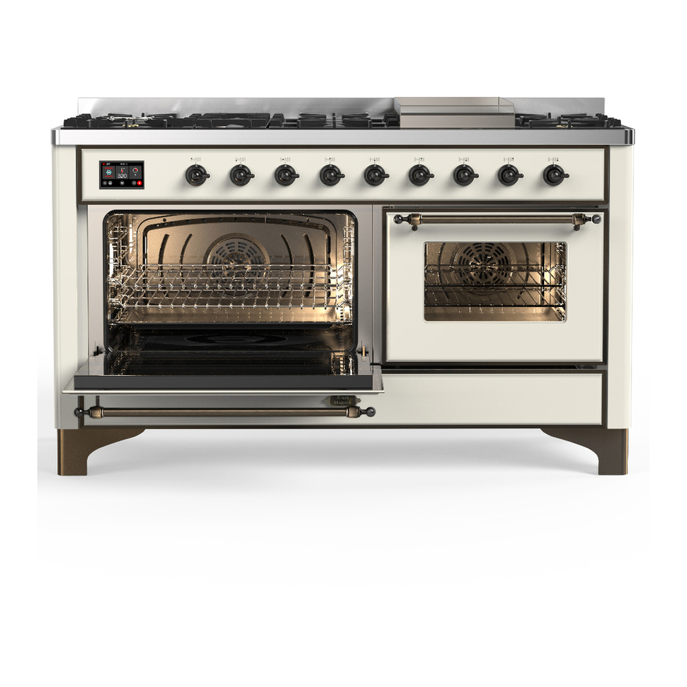 ILVE UM60FNR3AWB Majestic III 60 inch Dual Fuel Range with 9 Burners and Griddle, Dual Function Burner up to 25,000 BTU (Natural Gas, Triple Glass Door, Antique White, Burnished) 3 ILVE-UM60FNR3AWB-Primary Oven Open View