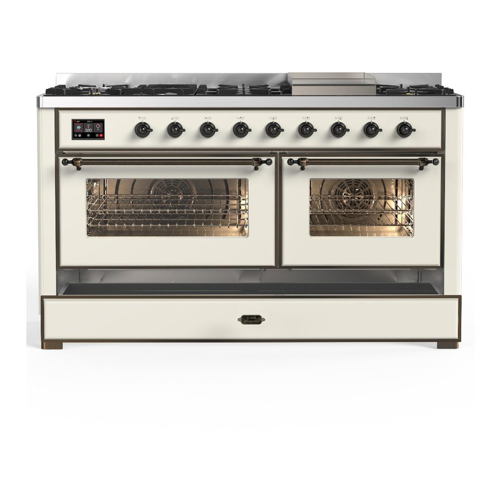 ILVE UM60FNR3AWB Majestic III 60 inch Dual Fuel Range with 9 Burners and Griddle, Dual Function Burner up to 25,000 BTU (Natural Gas, Triple Glass Door, Antique White, Burnished) 5 ILVE-UM60FNR3AWB-Drawer Open View