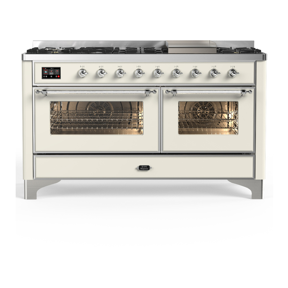ILVE UM60FNR3AWCLP Majestic III 60 inch Dual Fuel Range with 9 Burners and Griddle, Dual Function Burner up to 25,000 BTU (Liquid Propane, Triple Glass Door, Antique White, Chrome) 1 UM60FNR3AWCLP