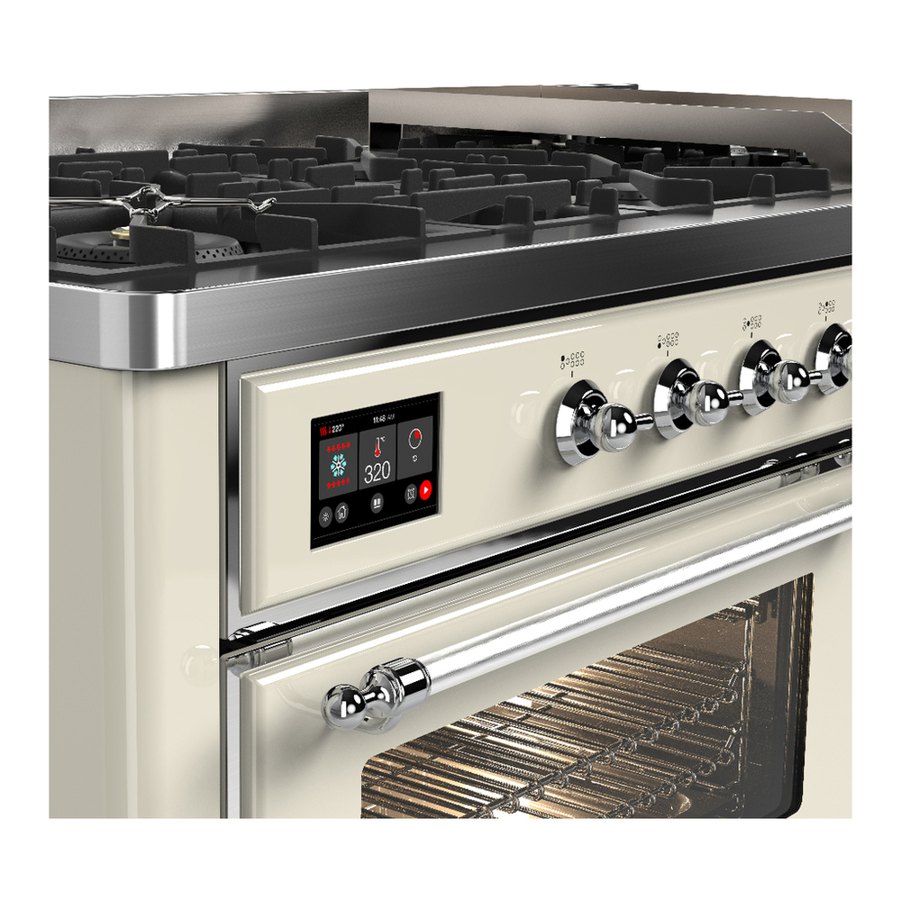 ILVE UM60FNR3AWCLP Majestic III 60 inch Dual Fuel Range with 9 Burners and Griddle, Dual Function Burner up to 25,000 BTU (Liquid Propane, Triple Glass Door, Antique White, Chrome) 7 ILVE-UM60FNR3AWCLP-Control Knobs View
