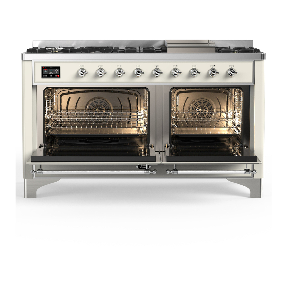 ILVE UM60FNR3AWCLP Majestic III 60 inch Dual Fuel Range with 9 Burners and Griddle, Dual Function Burner up to 25,000 BTU (Liquid Propane, Triple Glass Door, Antique White, Chrome) 2 ILVE-UM60FNR3AWCLP-Double Oven Open View
