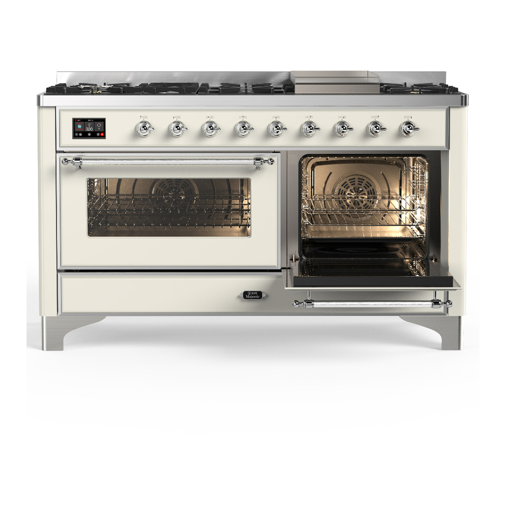 ILVE UM60FNR3AWCLP Majestic III 60 inch Dual Fuel Range with 9 Burners and Griddle, Dual Function Burner up to 25,000 BTU (Liquid Propane, Triple Glass Door, Antique White, Chrome) 4 ILVE-UM60FNR3AWCLP-Secondary Oven Open View