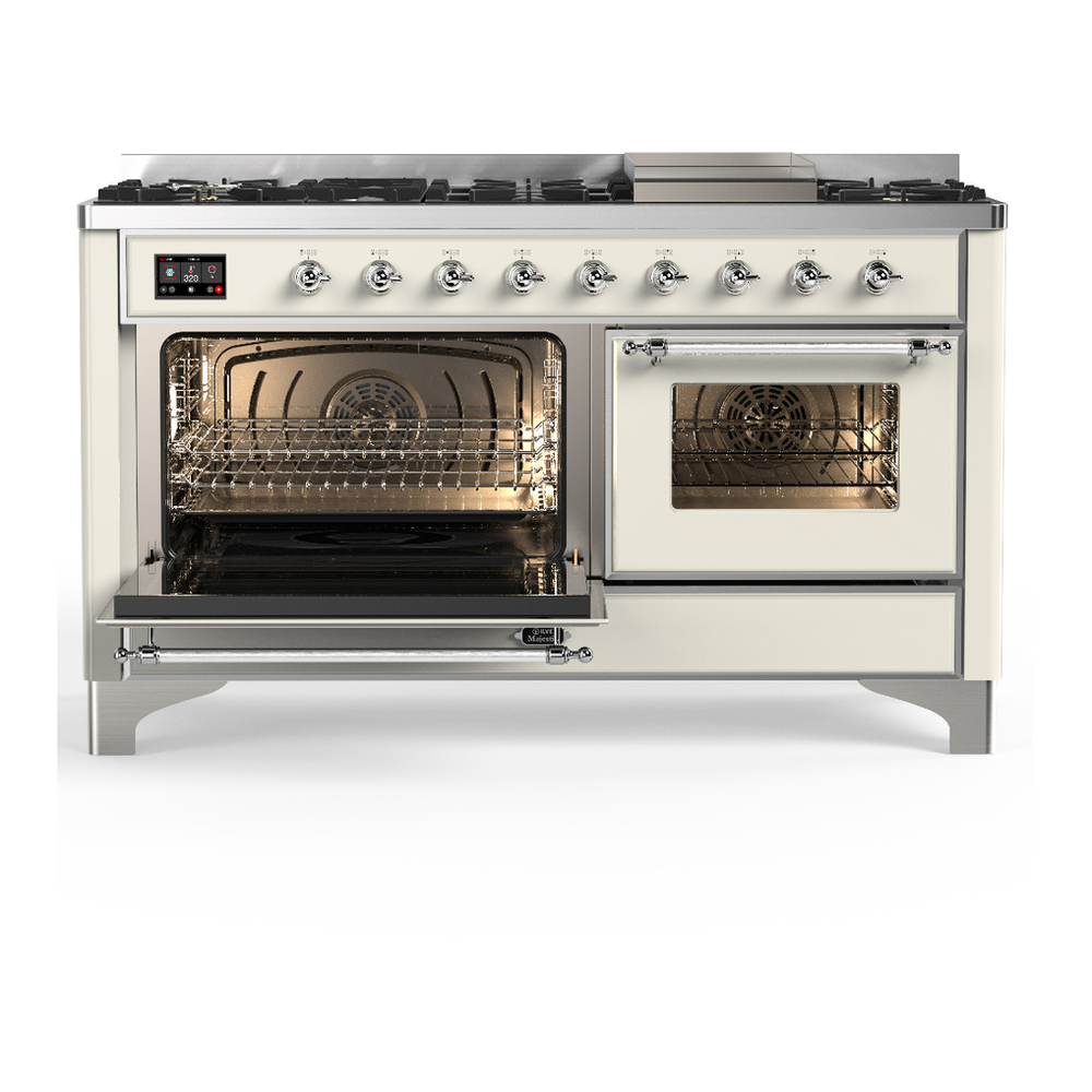 ILVE UM60FNR3AWCLP Majestic III 60 inch Dual Fuel Range with 9 Burners and Griddle, Dual Function Burner up to 25,000 BTU (Liquid Propane, Triple Glass Door, Antique White, Chrome) 3 ILVE-UM60FNR3AWCLP-Primary Oven Open View