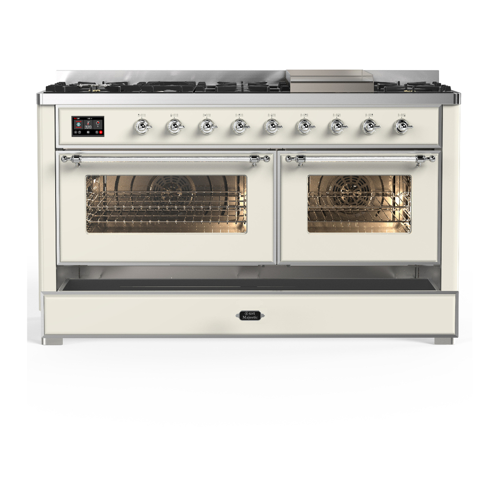 ILVE UM60FNR3AWCLP Majestic III 60 inch Dual Fuel Range with 9 Burners and Griddle, Dual Function Burner up to 25,000 BTU (Liquid Propane, Triple Glass Door, Antique White, Chrome) 5 ILVE-UM60FNR3AWCLP-Drawer Open View