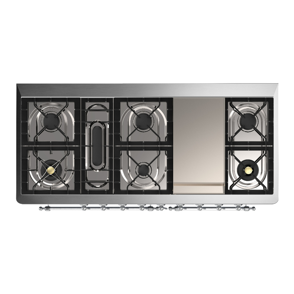 ILVE UM60FNR3AWCLP Majestic III 60 inch Dual Fuel Range with 9 Burners and Griddle, Dual Function Burner up to 25,000 BTU (Liquid Propane, Triple Glass Door, Antique White, Chrome) 6 ILVE-UM60FNR3AWCLP-Top View