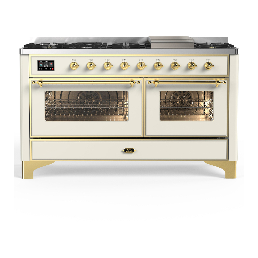 ILVE UM60FNR3AWGLP Majestic III 60 inch Dual Fuel Range with 9 Burners and Griddle, Dual Function Burner up to 25,000 BTU (Liquid Propane, Triple Glass Door, Antique White, Brass) 1 UM60FNR3AWGLP