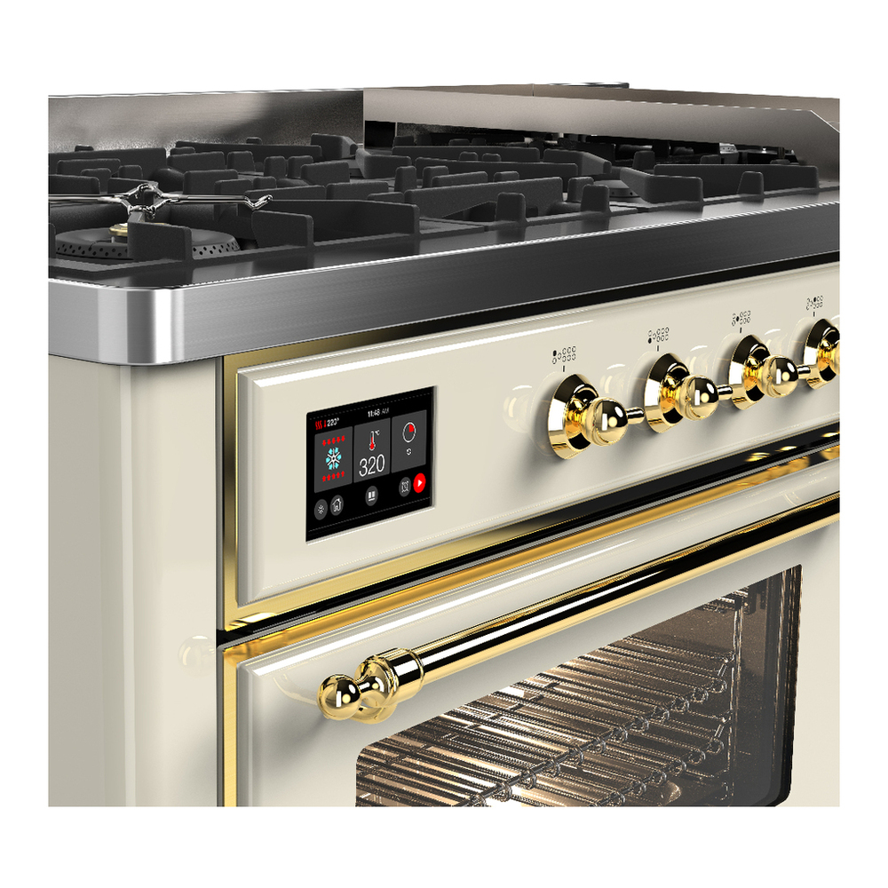 ILVE UM60FNR3AWGLP Majestic III 60 inch Dual Fuel Range with 9 Burners and Griddle, Dual Function Burner up to 25,000 BTU (Liquid Propane, Triple Glass Door, Antique White, Brass) 7 ILVE-UM60FNR3AWGLP-Control Knobs View