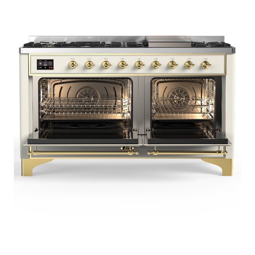 ILVE UM60FNR3AWGLP Majestic III 60 inch Dual Fuel Range with 9 Burners and Griddle, Dual Function Burner up to 25,000 BTU (Liquid Propane, Triple Glass Door, Antique White, Brass) 2 ILVE-UM60FNR3AWGLP-Double Oven Open View