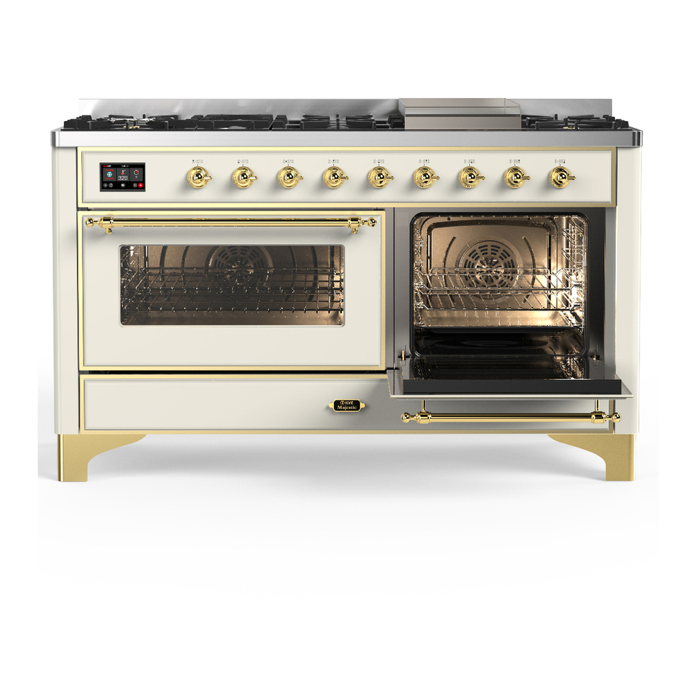 ILVE UM60FNR3AWG Majestic III 60 inch Dual Fuel Range with 9 Burners and Griddle, Dual Function Burner up to 25,000 BTU (Natural Gas, Triple Glass Door, Antique White, Brass) 4 ILVE-UM60FNR3AWG-Secondary Oven Open View