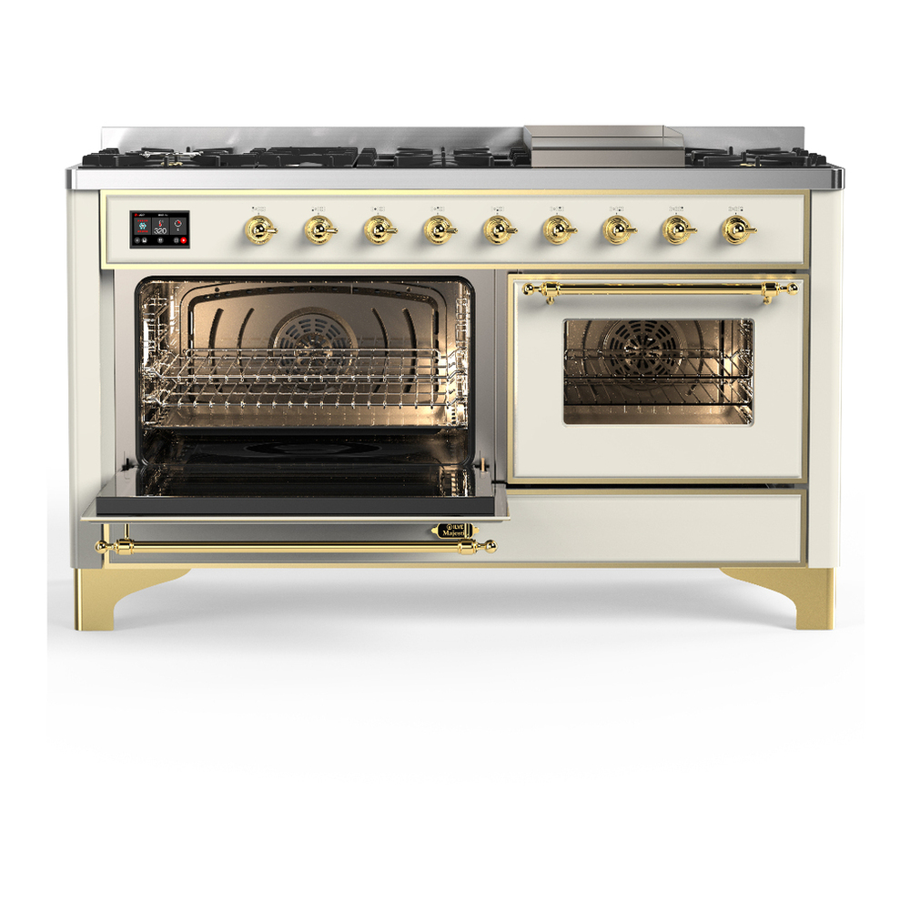 ILVE UM60FNR3AWG Majestic III 60 inch Dual Fuel Range with 9 Burners and Griddle, Dual Function Burner up to 25,000 BTU (Natural Gas, Triple Glass Door, Antique White, Brass) 3 ILVE-UM60FNR3AWG-Primary Oven Open View